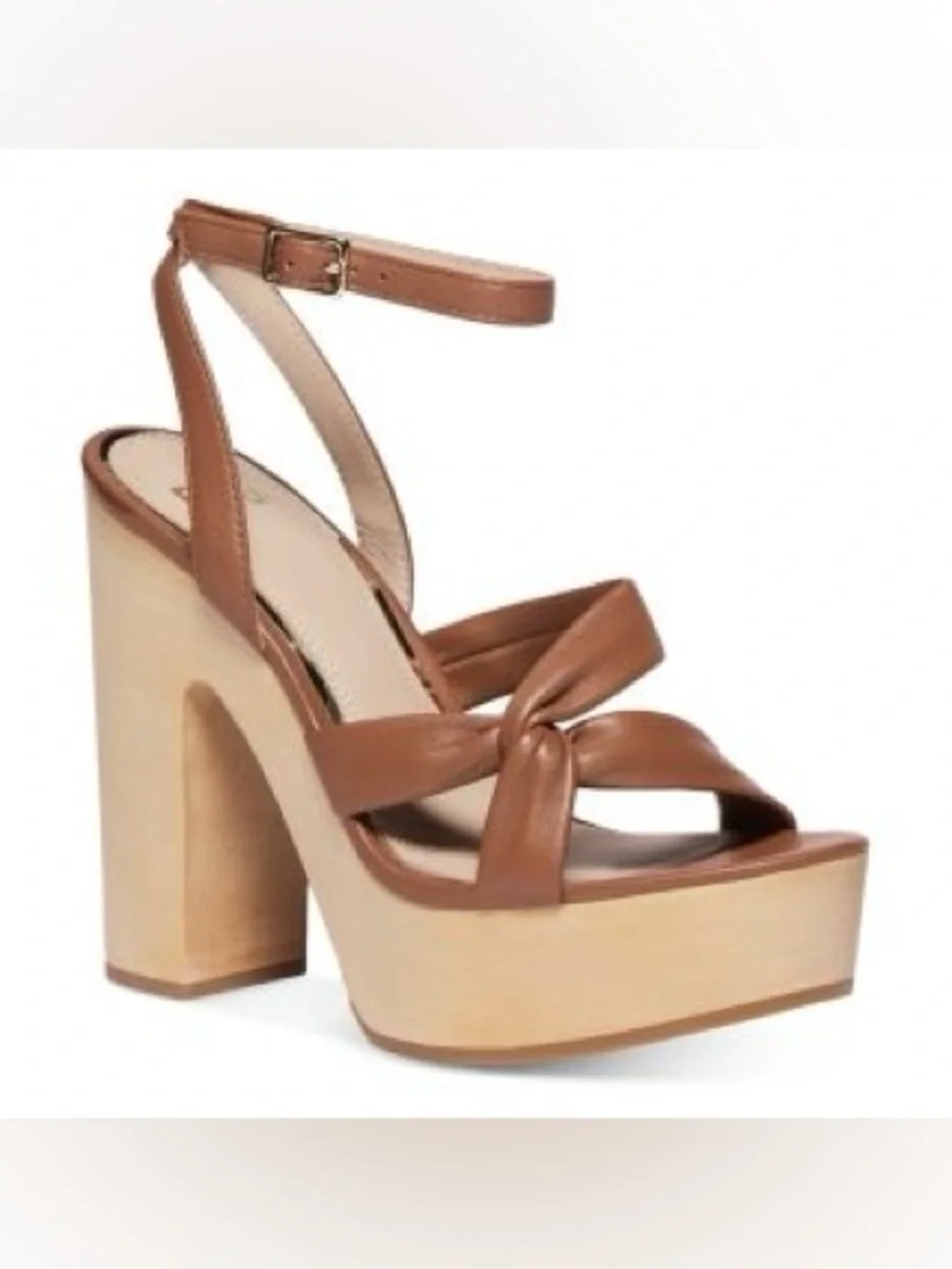 PAIGE Cayden Leather Ankle Strap Platform Sandal Woodgrain Block Heel Size 9 NEW